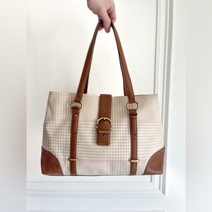 Ralph Lauren Chaps Neapolitan Chevron Plaid Pattern Brown Leather Tote Bag
